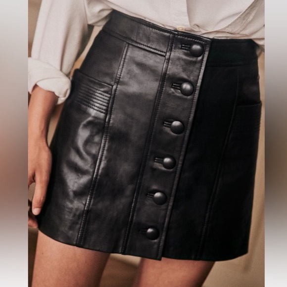 Sezane Alison Black Leather Mini Skirt FR 42 / US 10 - Picture 1 of 6